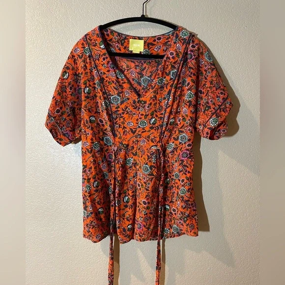 Anthropologie Maeve 100% Silk Floral Orange Blouse - Picture 3 of 8